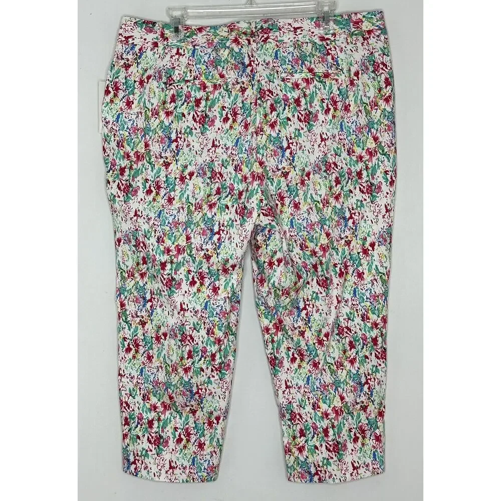 Cassmode New York White Floral Pants Chinos Crop Stretch Cotton Capri Sz 18 New - Picture 6 of 6